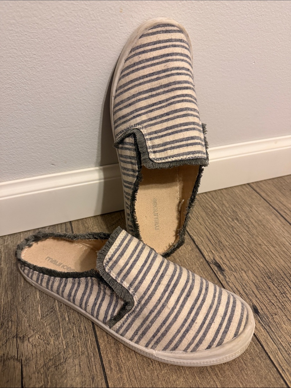 Maurice’s Molly Striped Slip-On Canvas Sneakers in Gray and Cream